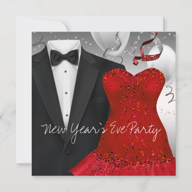 Invitation Élégante Soirée Robe Rouge Tuxedo Noir (Devant)