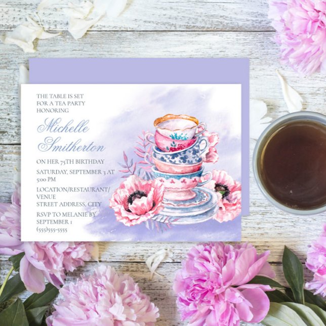 Invitation Élégante Soirée Tea Party 75e anniversaire Pink Pu (Elegant purple and pink tea party birthday party for any age)