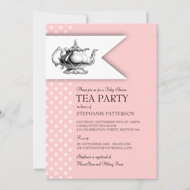 Invitation Élégante soirée thé Baby shower Pink Polkadot (Devant)