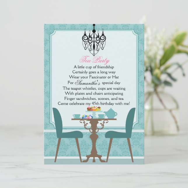 Invitation Elégante soirée thé d'anniversaire Turquoise Damas (Debout devant)