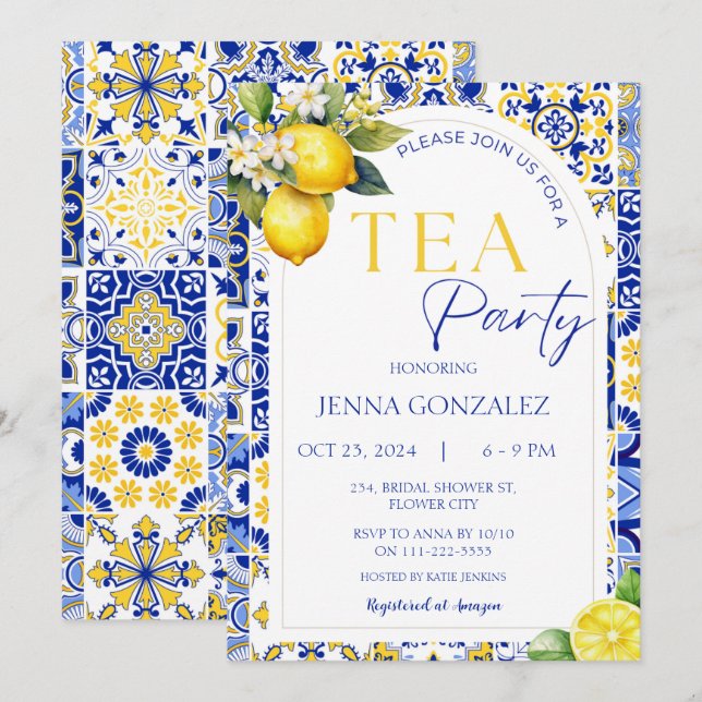 Invitation Elégante soirée thé nuptiale carreaux de citron mé (Devant / Derrière)