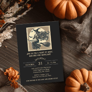 Invitation Elégante sorcière sur Broom Vintage Halloween Noir