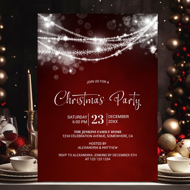 Invitation Élégante String Lights Red Christmas Party (Créateur téléchargé)