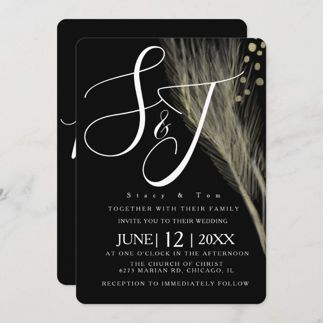 Invitation Elégante Suite Mariage Pampas noir blanc noir (Devant / Derrière)