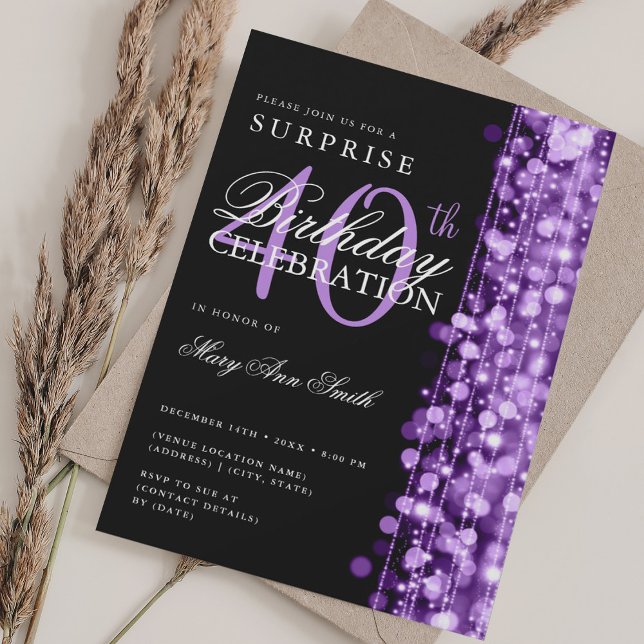 Invitation Élégante surprise 40e anniversaire étincelles pour (Elegant Surprise 40th Birthday Sparkles Purple Invitation)