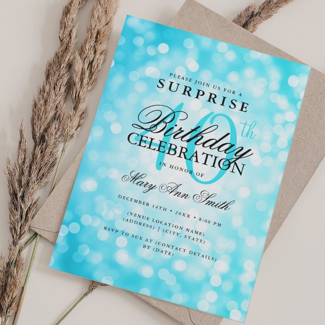 Invitation Élégante SURPRISE 40e anniversaire Lumières Turquo (Elegant SURPRISE 40th Birthday Turquoise Lights Invitation)
