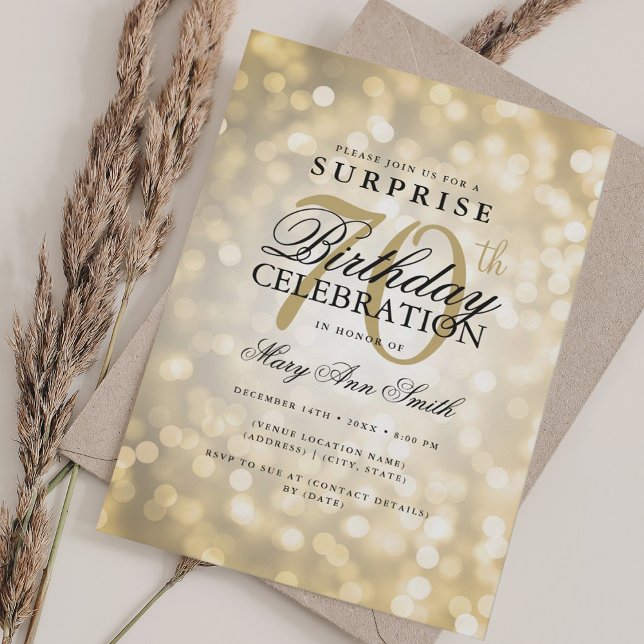Invitation Élégante SURPRISE 70e anniversaire Glam Gold Light (Créateur téléchargé)