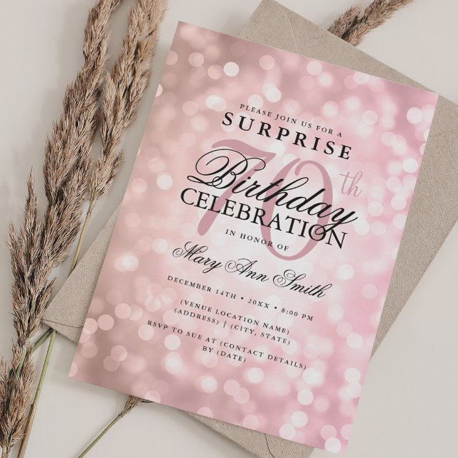 Invitation Élégante SURPRISE 70e anniversaire Rose Lumières o (Elegant SURPRISE 70th Birthday Rose Gold Lights Invitation)