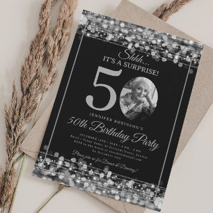 Invitation Élégante SURPRISE Photo 50e Anniversaire Argent Gl