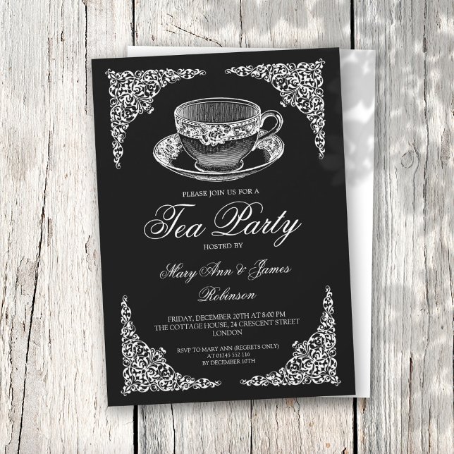 Invitation Elégante Tea Party Vintage Noir (Créateur téléchargé)
