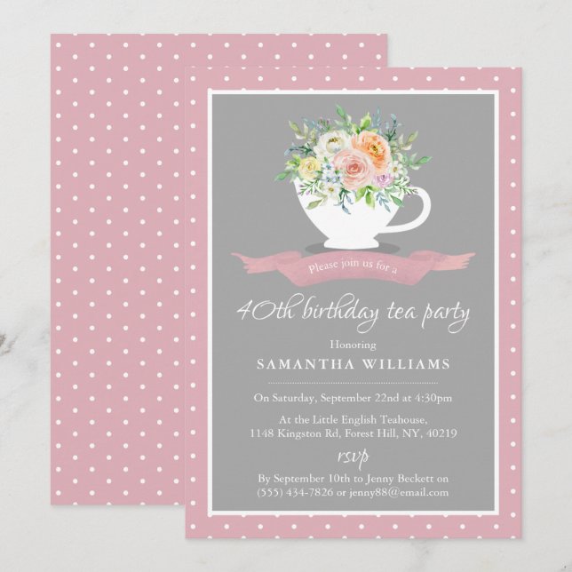 Invitation Elégante Teacup Floral Anniversaire Tea Party (Devant / Derrière)