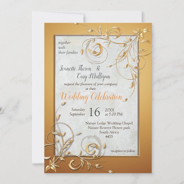 Invitation Elégante teinte d'or chaude et fleurs abrasives (Devant)