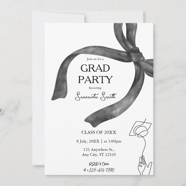 Invitation Élégante tendance stylish Black Bow Graduation (Devant)