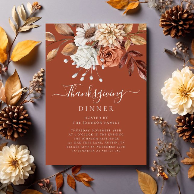 Invitation Élégante Terracotta Automne Floral Thanksgiving Dî (Elegant Terracotta Fall Floral Thanksgiving Dinner Invitation)