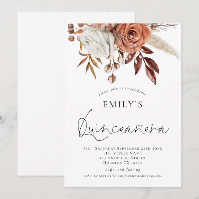 Invitation Élégante Terracotta Florals Quinceañera 15ème Part (Devant / Derrière)