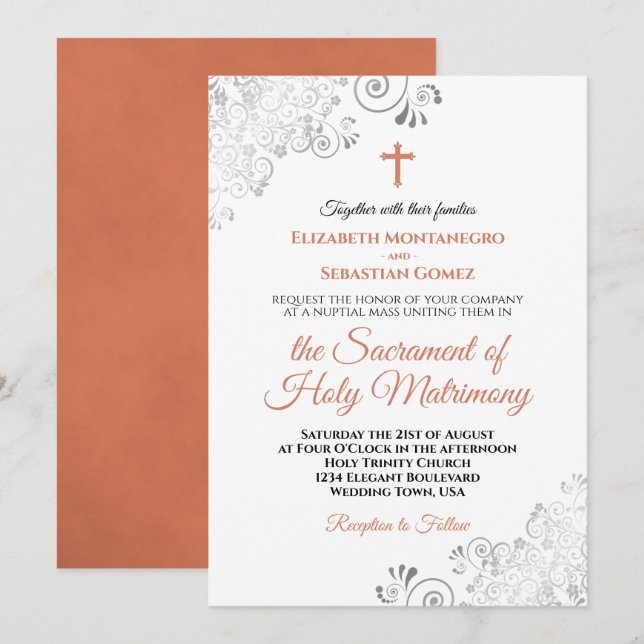 Invitation Élégante Terracotta & Grey Mariage catholique mode (Devant / Derrière)