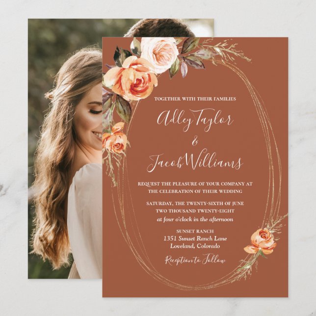 Invitation Élégante Terracotta Photo Boho Floral Mariage (Devant / Derrière)