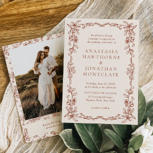 Invitation Élégante Terracotta Vintage Photo Mariage victorie