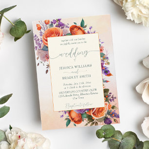 Invitation Élégante terre cuite orange violet fleurs modèle