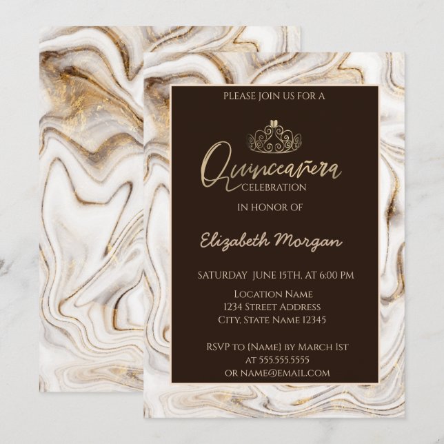 Invitation Elégante Tiara d'or moderne, Marbre Brown (Devant / Derrière)