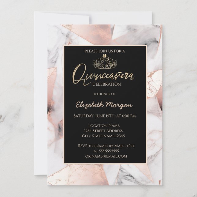 Invitation Elégante Tiara en or, Rose en marbre géométrique o (Devant)