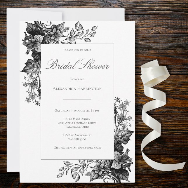 Invitation Elégante Toile Noir & Blanc Fête des mariées Flora (Créateur téléchargé)