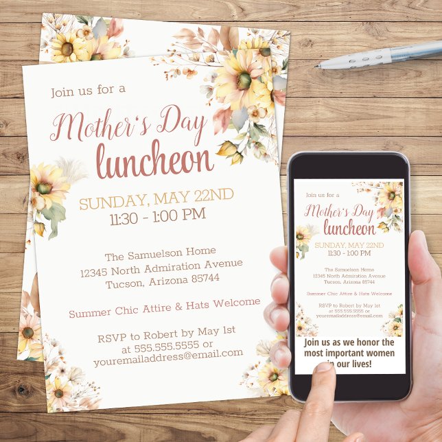 Invitation Elégante Tournesol Aquarelle Florale Fête des Mère (Elegant Sunflower Mother's Day Luncheon Brunch or Social Event Invitation)