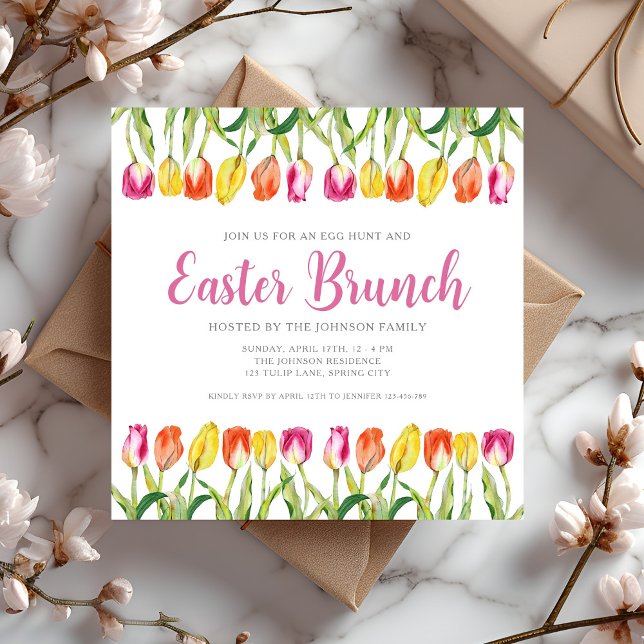 Invitation Élégante Tulipe florale rose Brunch de Pâques (Elegant Pink Floral Tulip Easter Brunch Invitation)