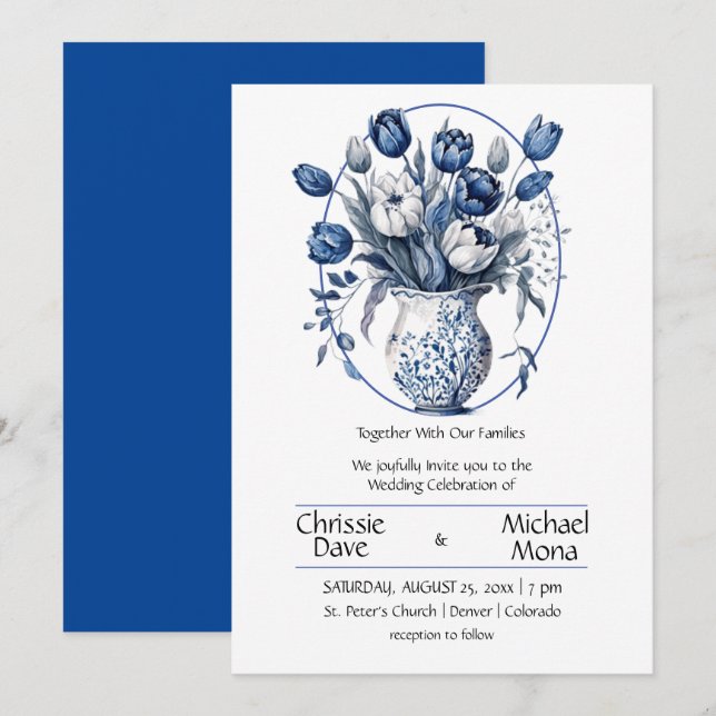 Invitation Elégante Tulipes Blances et Bleues en Vase Mariage (Devant / Derrière)