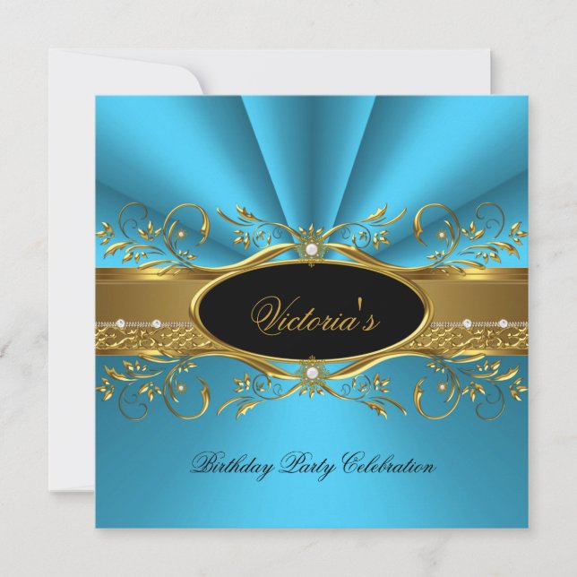 Invitation Elégante Turquoise Blue Gold Black fête d'annivers (Devant)