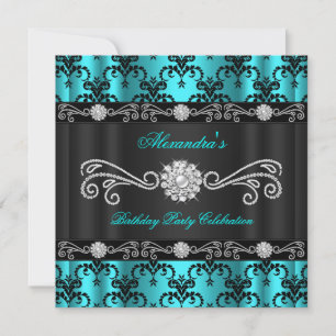 Invitation Elégante Turquoise Damask Black Diamond fête d'ann
