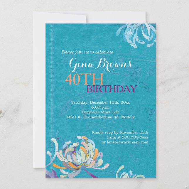 Invitation Elégante Turquoise fête du 40e anniversaire (Devant)