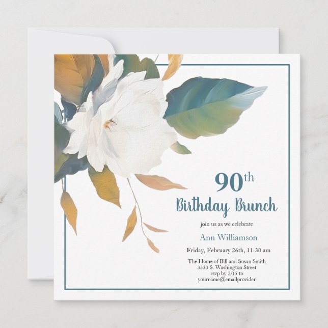 Invitation Elégante Turquoise florale blanche 90e fête d'anni (Devant)