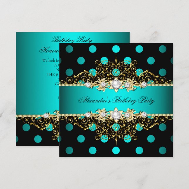 Invitation Elégante Turquoise Gold Black Pois fête d'annivers (Devant / Derrière)