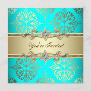Invitation Elégante Turquoise Gold Damask Party