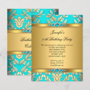 Invitation Elégante Turquoise Gold Damask Pearl fête d'annive