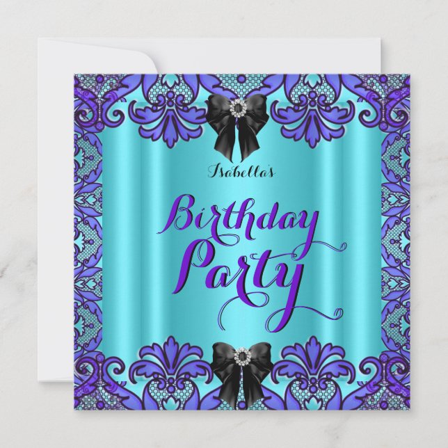 Invitation Élégante Turquoise violet noir dentelle fête d'ann (Devant)
