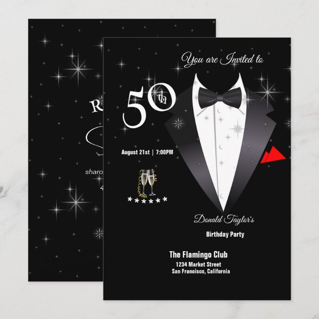 Invitation Elégante Tuxedo 50e anniversaire de fête Invitatio (Devant / Derrière)
