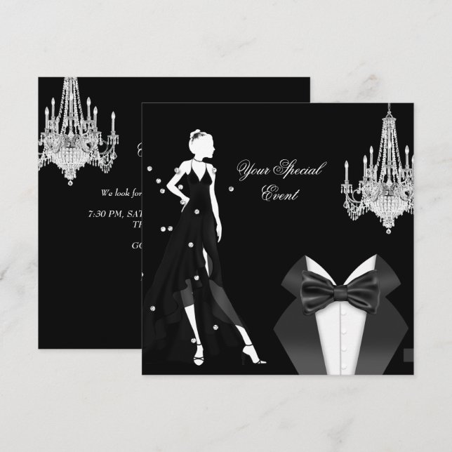 Invitation Élégante Tuxedo Gown Silver White Black Party (Devant / Derrière)