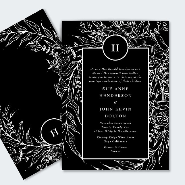 Invitation Elégante Tuxedo Noir brillant Monogramme Blanc Wre (Créateur téléchargé)