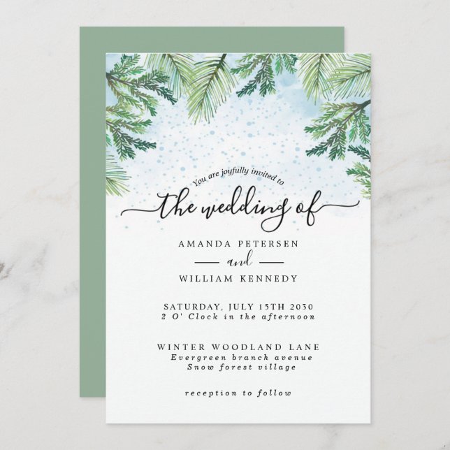 Invitation Élégante typographie À feuillage persistant hivern (Devant / Derrière)