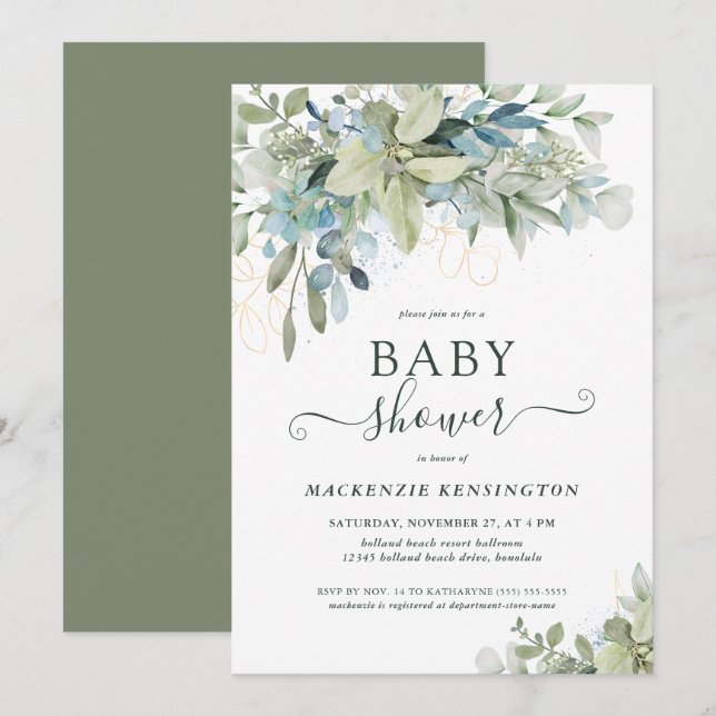 Invitation Élégante typographie Baby shower de verdure Eucaly (Devant / Derrière)