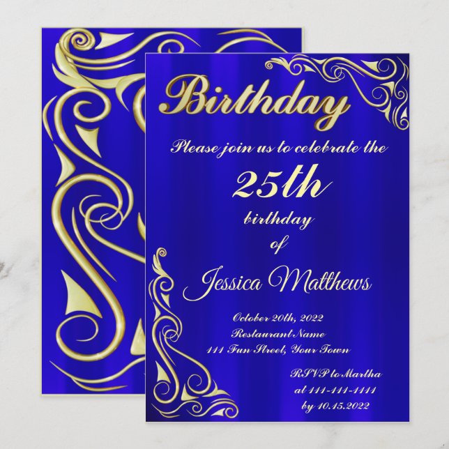 Invitation Elégante Typographie Bleue et Or Personnalisée Ann (Devant / Derrière)