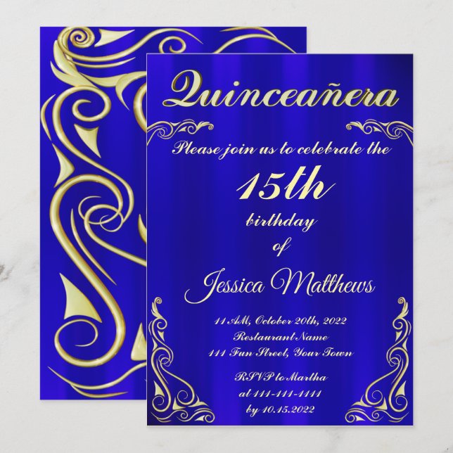 Invitation Elégante Typographie Bleue et Or Quinceañera (Devant / Derrière)