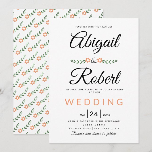 Invitation Élégante typographie corail pêche fleurs mariage (Devant / Derrière)