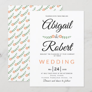 Invitation Élégante typographie corail pêche fleurs mariage