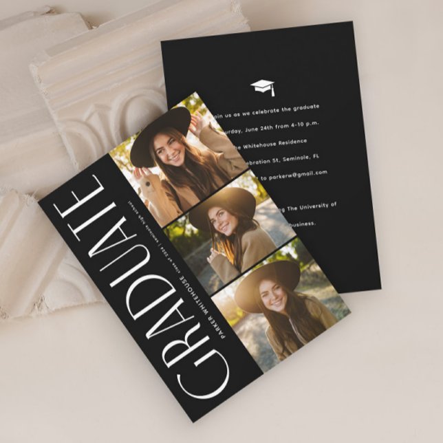 Invitation Élégante Typographie de fin d'études 3 Diplôme pho (Elegant Typography Graduate Black and White 3 Photo Graduation Invitation.)