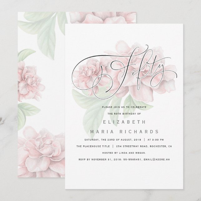 Invitation Élégante Typographie florale rose 50 Anniversaire (Devant / Derrière)