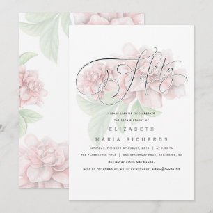 Invitation Élégante Typographie florale rose 50 Anniversaire