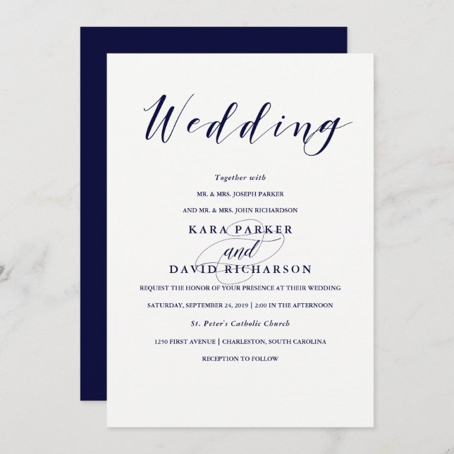 Invitation Élégante typographie| Mariage bleu marine (Devant / Derrière)